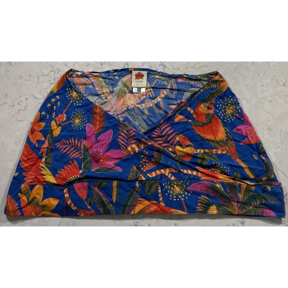 FARM Rio Cover-Up Skirt Womens Medium Blue Macaw Party Tropical Floral Bird Wrap